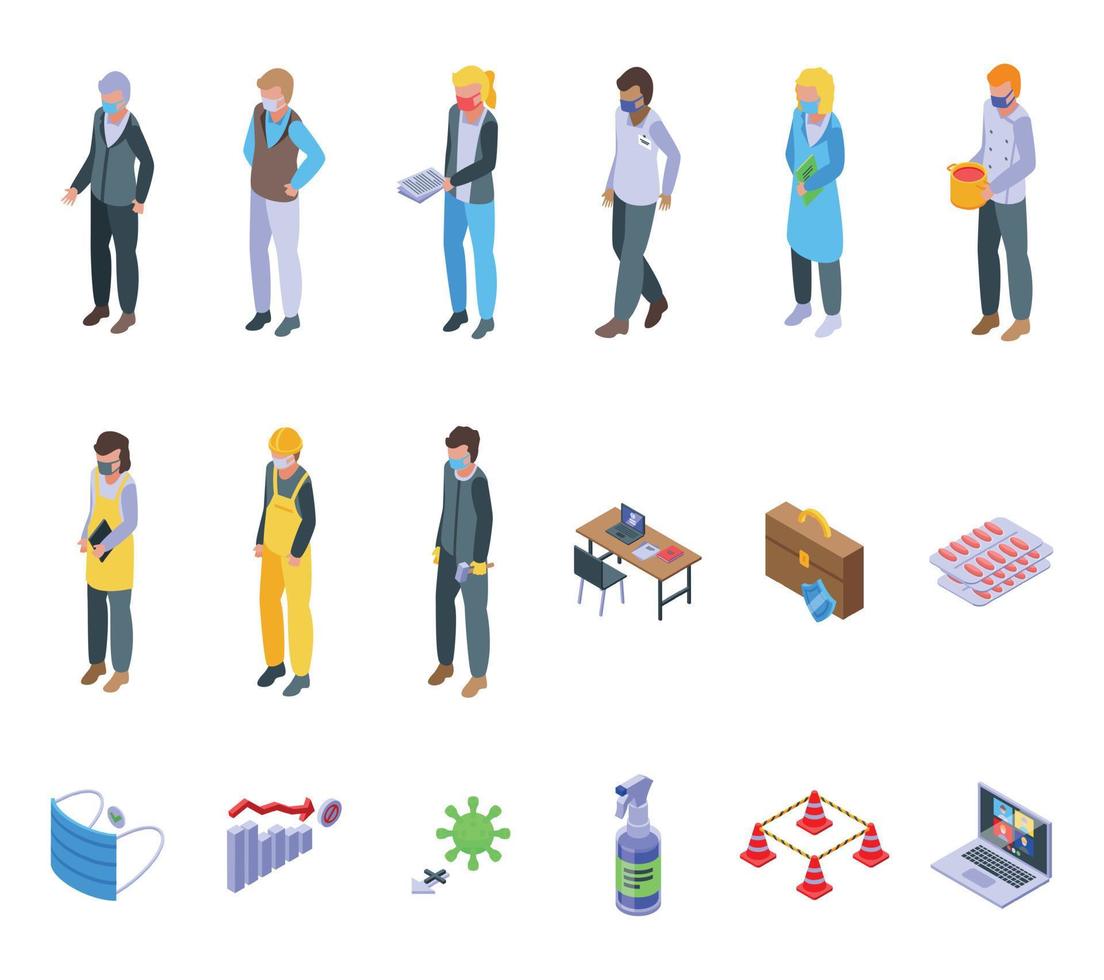 Business in masks icons set isometric vector. Man office vector