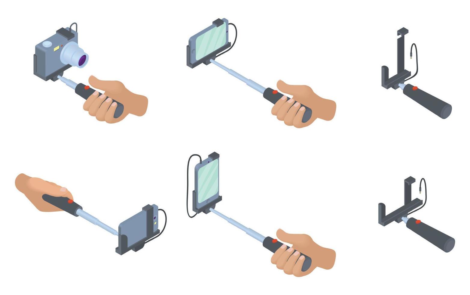 Selfie stick icon set, cartoon style vector