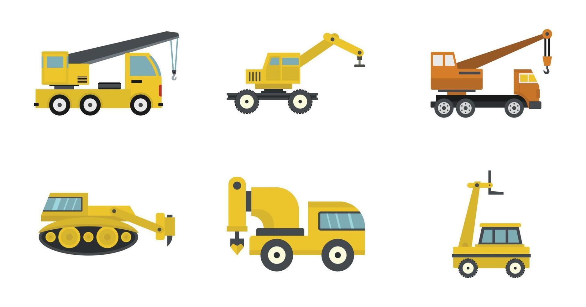 Construction vehicle icon set, flat style vector