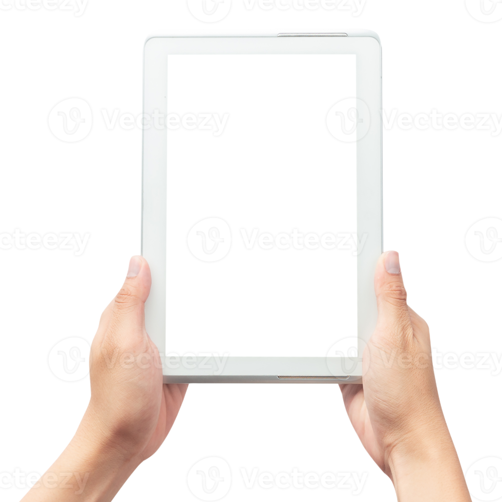 Hand holding tablet computer with screen mockup png