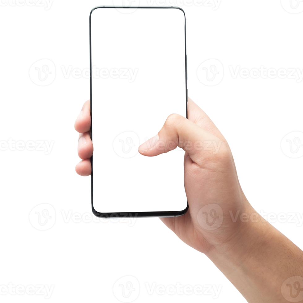 Hand holding smartphone with screen mockup png