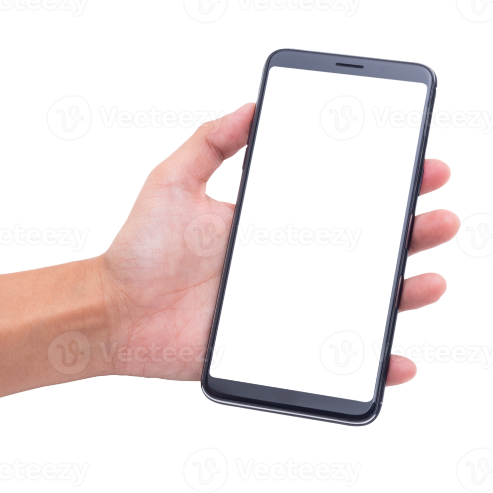 Hand holding smartphone with screen mockup png