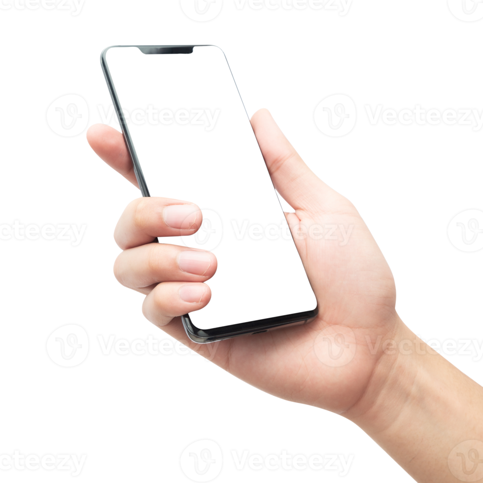 Hand holding smartphone with screen mockup png