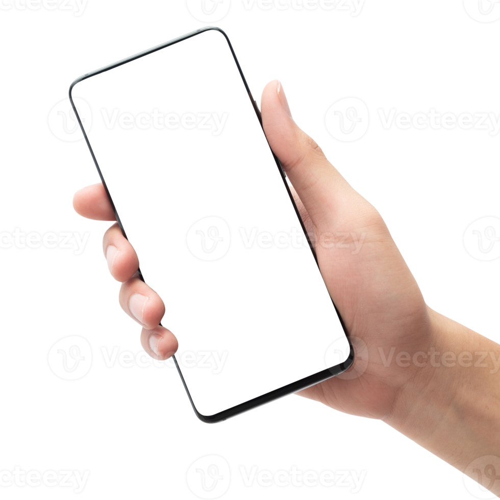 Hand holding smartphone with screen mockup png
