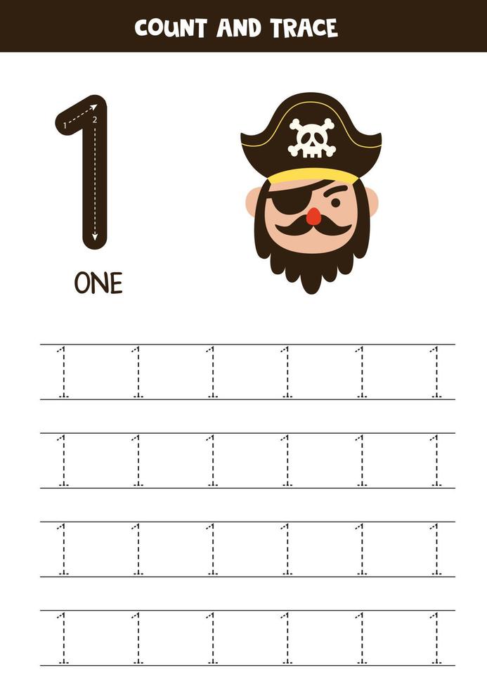 Tracing numbers worksheet with cute pirate elements. vector