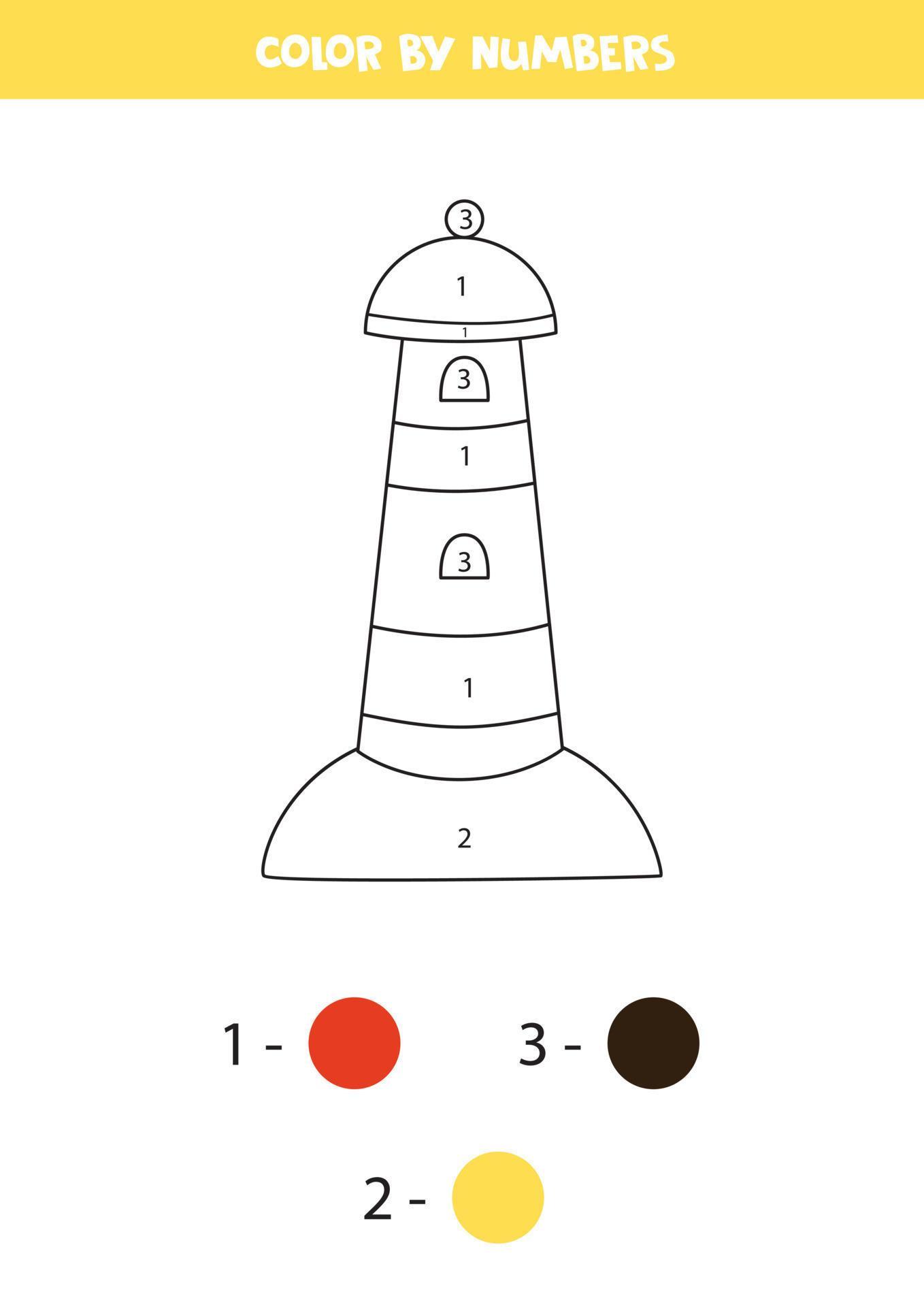 Color hand drawn lighthouse by numbers. Worksheet for kids. 8520272 Vector Art at Vecteezy