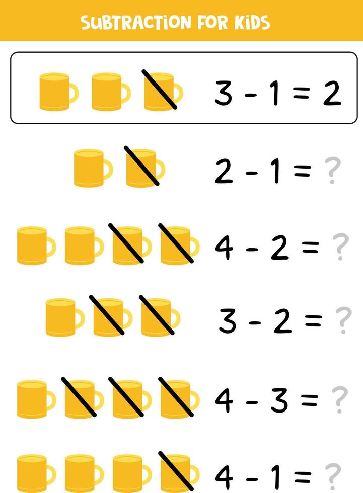 Subtraction with yellow mug. Educational math game for kids. vector