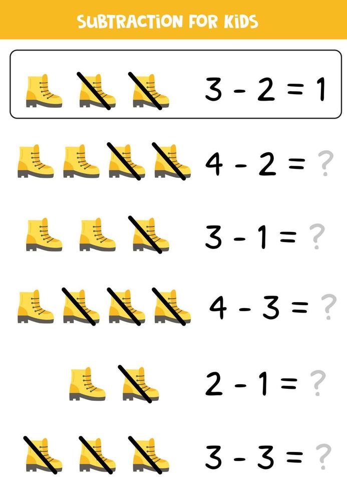 resta con bota de montaña. juego educativo de matemáticas para niños. vector