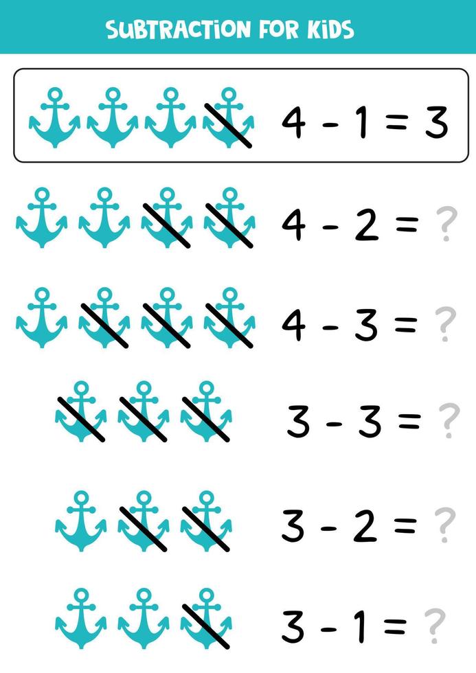 Subtraction with blue anchor. Educational math game for kids. vector