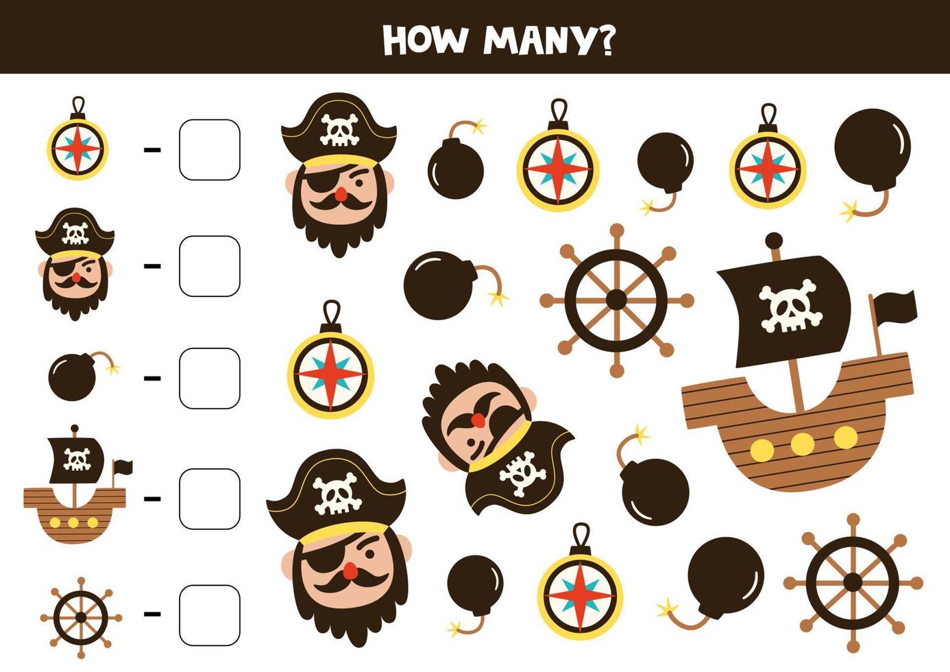 juego de contar con dibujos de piratas planos. hoja de trabajo de matemáticas. vector