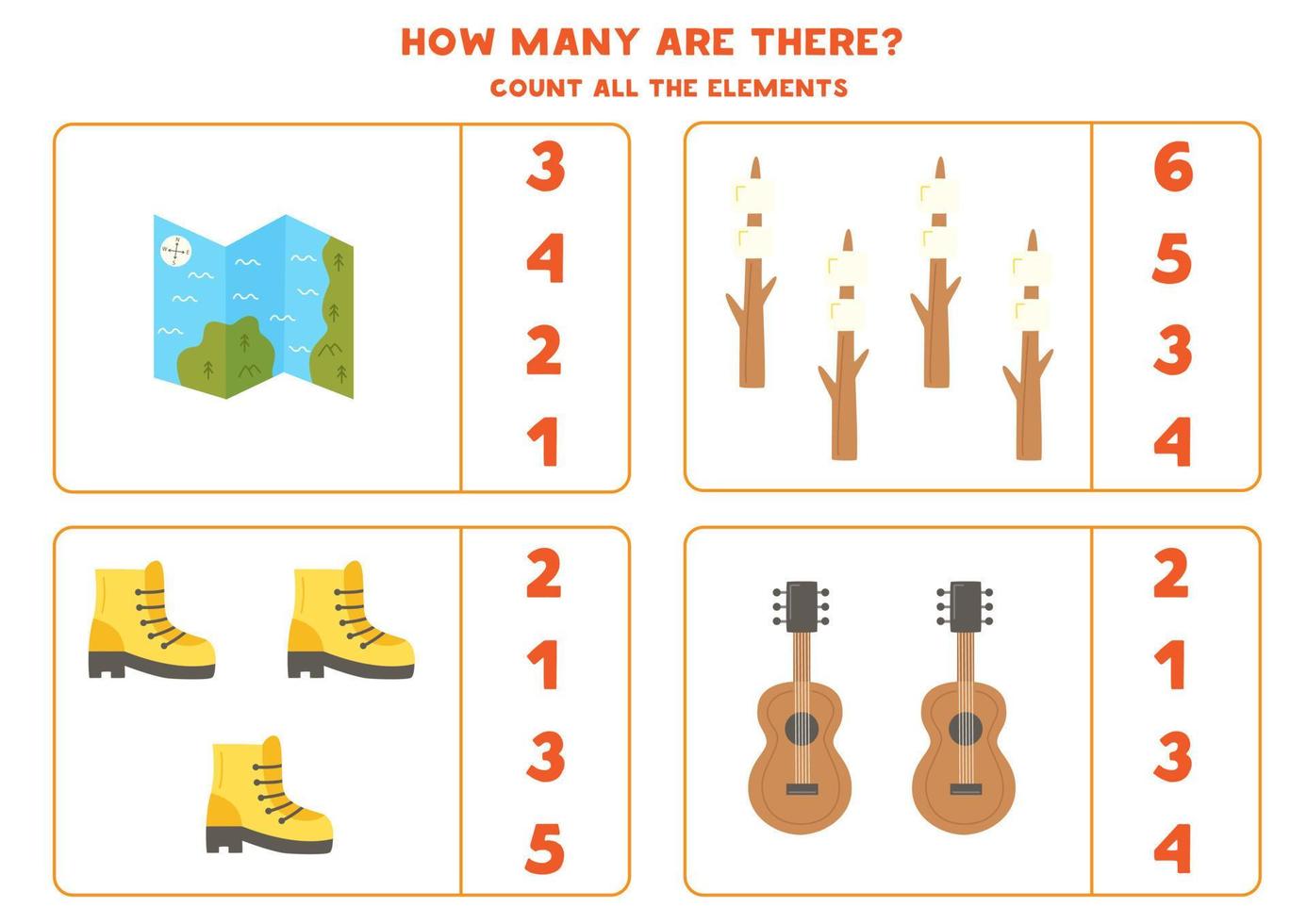 Counting game with cartoon camping elements. Educational worksheet. vector