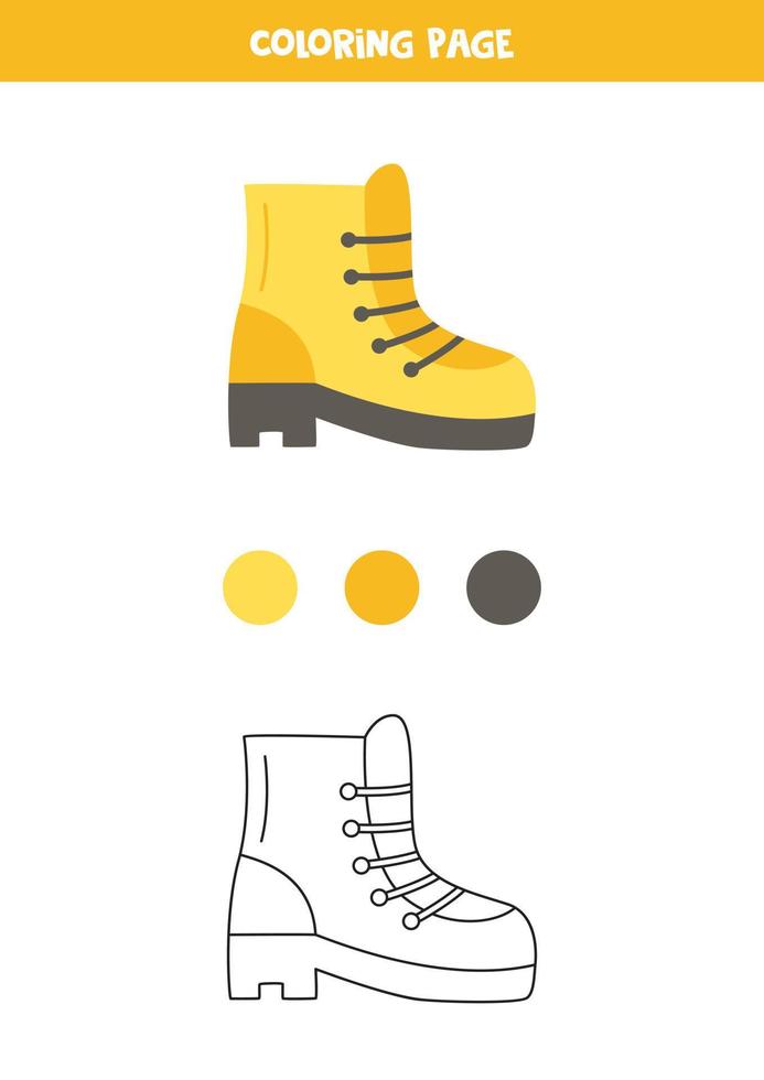 bota de senderismo de color amarillo. hoja de trabajo para niños. vector