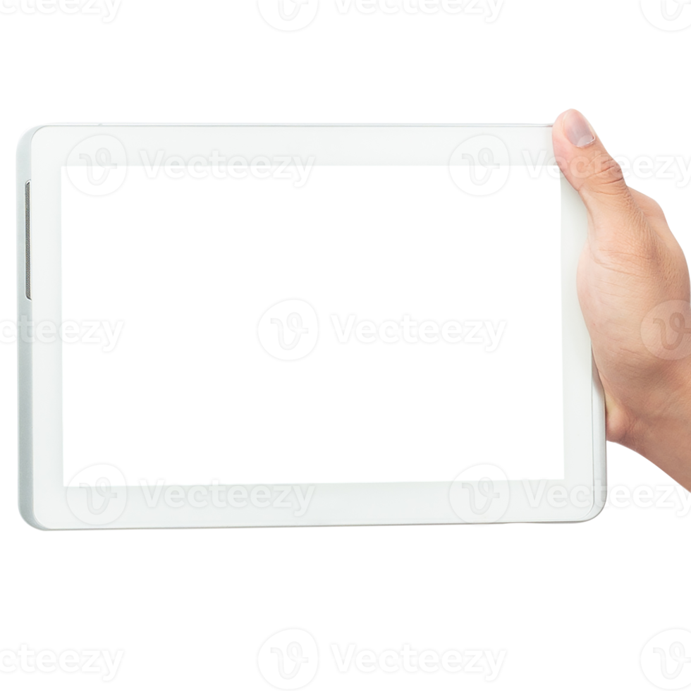 Hand holding tablet computer with screen mockup png