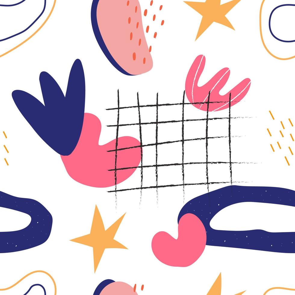 Hand drawn abstract shapes, seamless pattern flat vector illustration on white background. Trendy colorful doodles with textures. Lines, circles, plants and stars. Trendy geometric pattern.