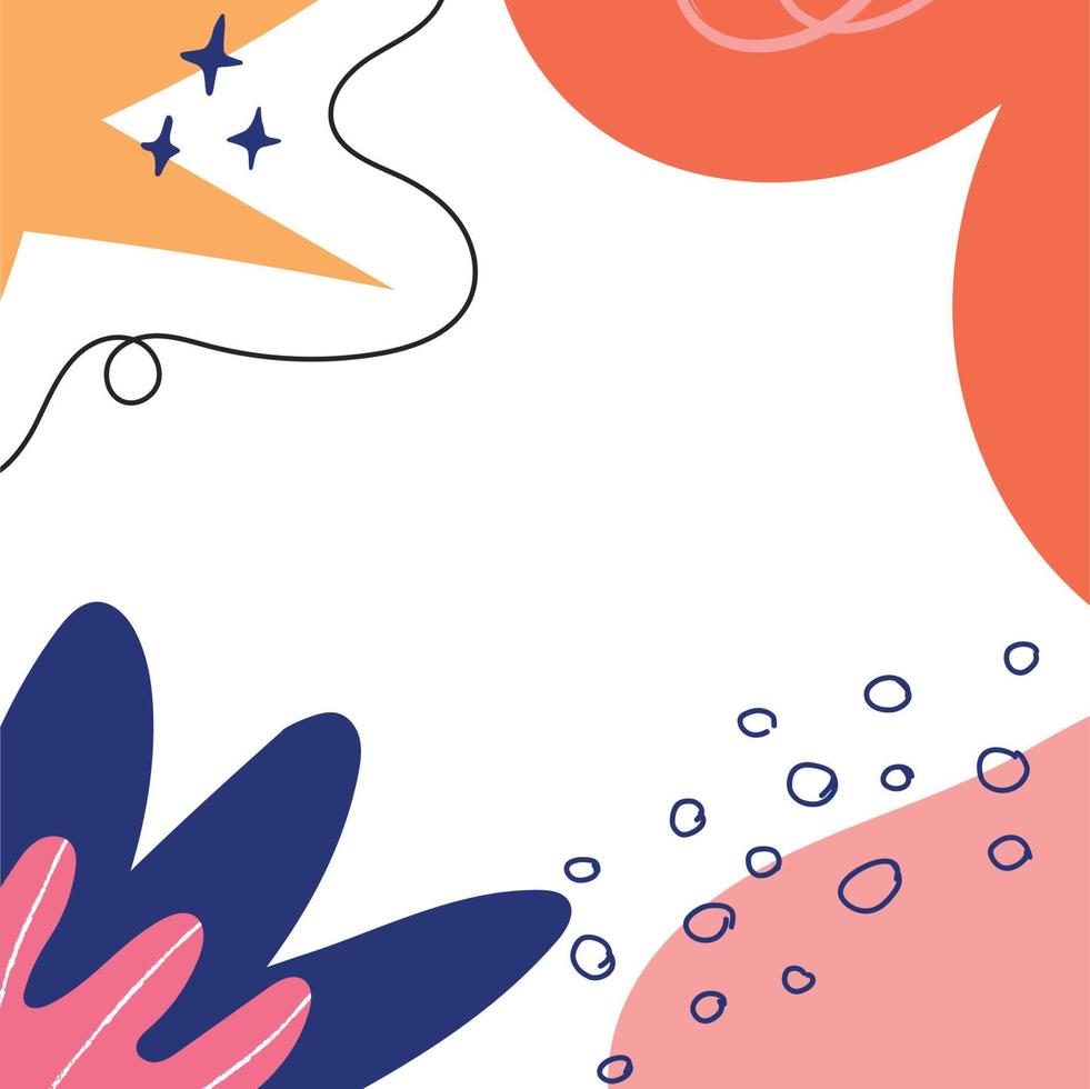 Social media post template with abstract doodle shapes, flat vector illustration. Colorful square frame with floral elements. Poster or banner with copy space for text.