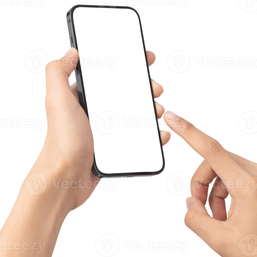 Hand holding and using phone mockup cutout, Png file
