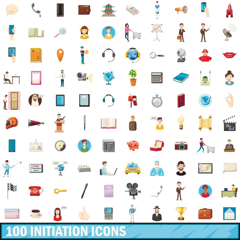 100 initiation icons set, cartoon style vector