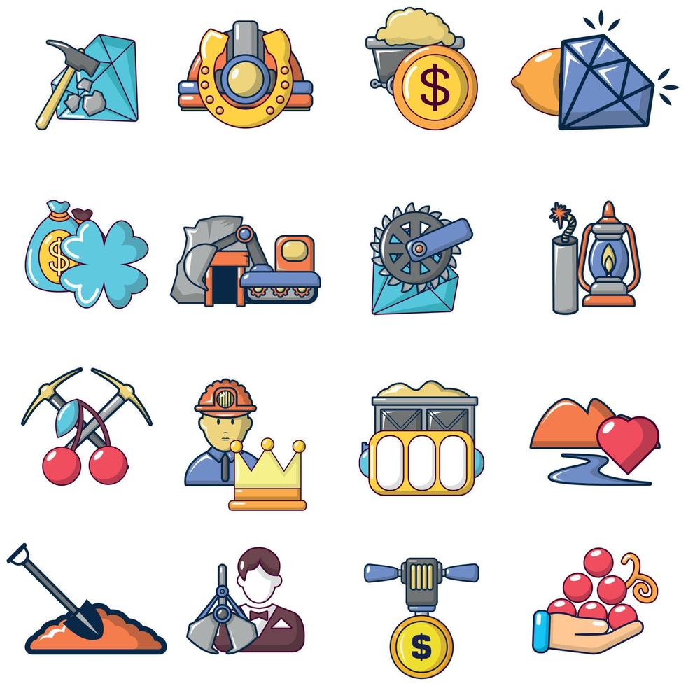 Mining icons set, cartoon style vector