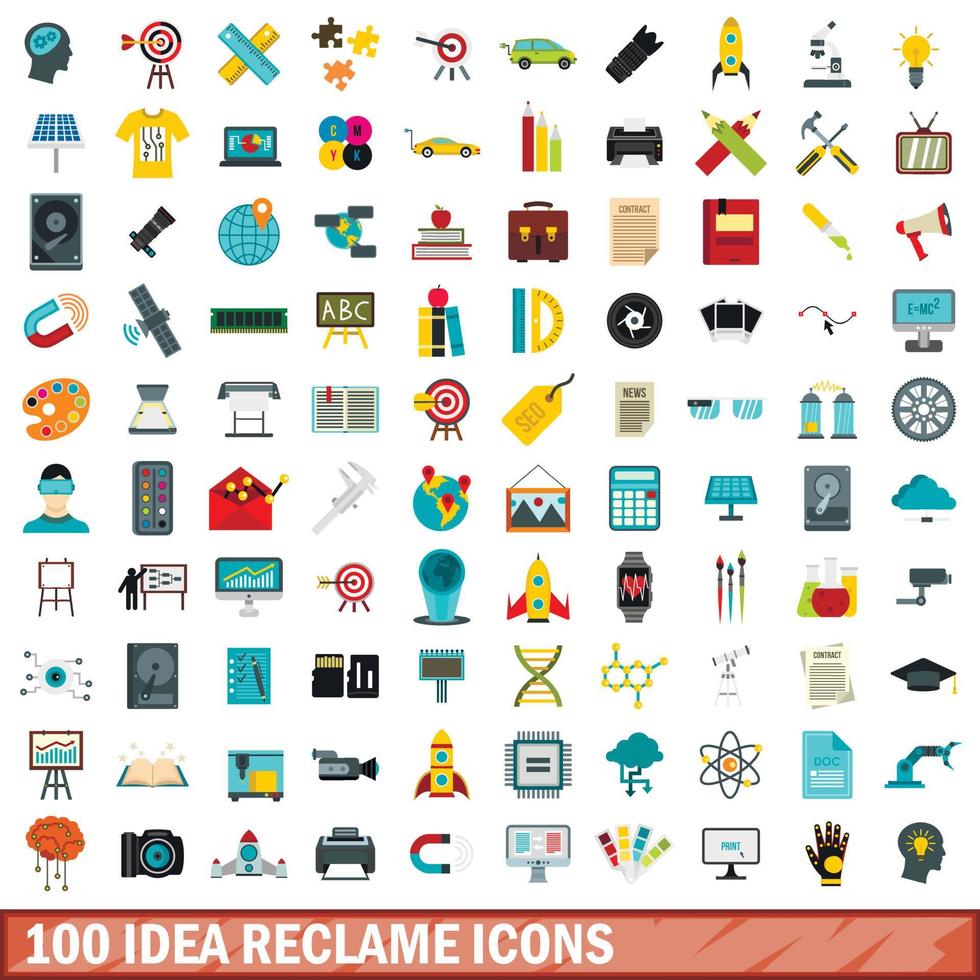 100 idea reclame icons set, flat style vector