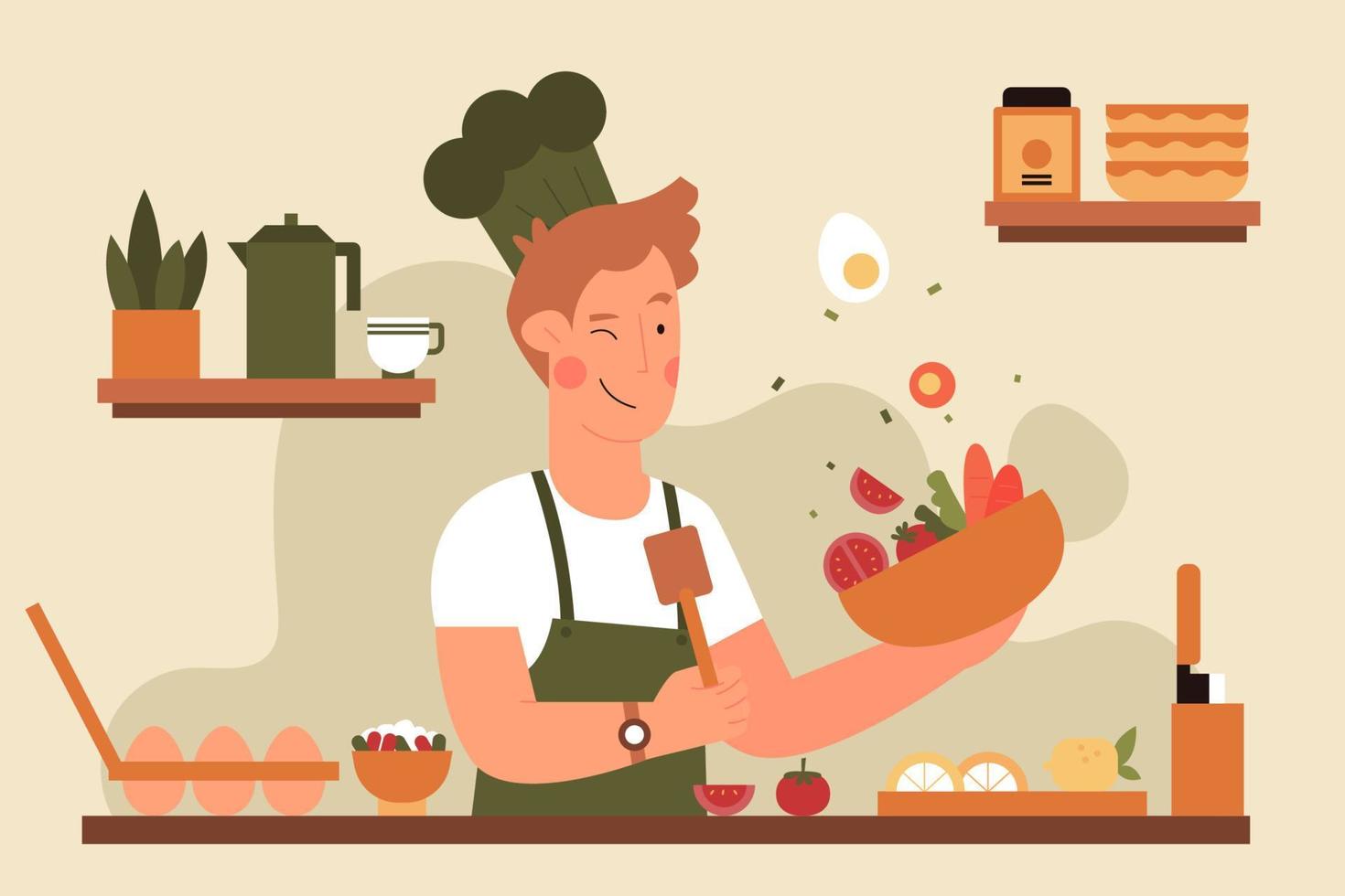 chef cocinando vegetales ilustración plana vector