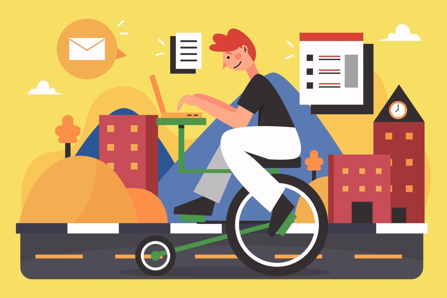 hombre enviando correo electrónico en bicicleta ilustración plana vector