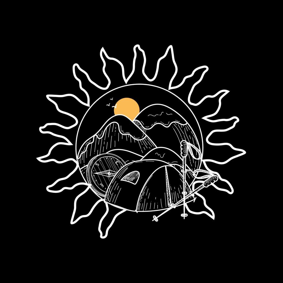 A camping emblem with hand-drawn doodle-style elements. Mountains, tents, compass and walking sticks. Camping and outdoor items on a black background. Isolated item vector