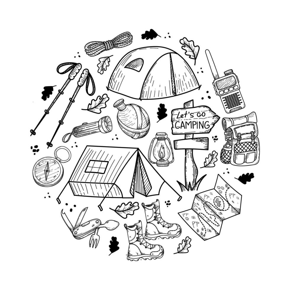 A camping kit with hand-drawn doodle-style elements. Items are arranged in a circle tents, terrain map, backpack, flashlight, water flask, etc. Items for tourism and recreation. Isolated element vector