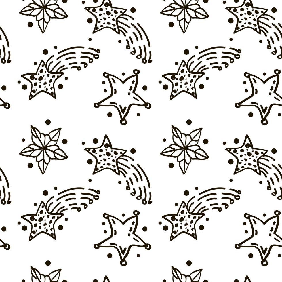 Modern geometric star pattern on white background. Doodle style vector. Star silhouettes with polka dots. Vector star pattern on white background