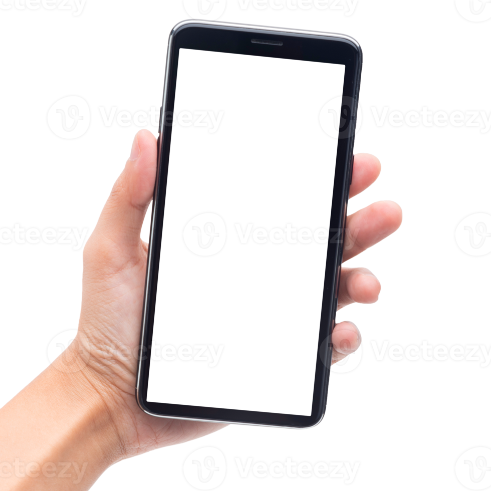 Hand holding smartphone with screen mockup png