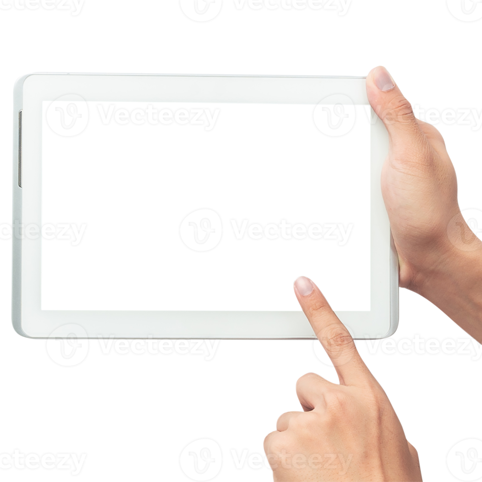 Hand holding tablet computer with screen mockup png