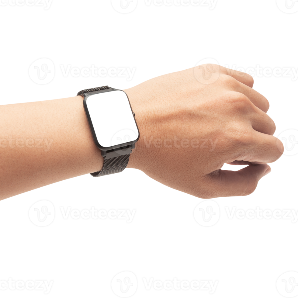 Hand wearing smart watch with screen mockup png