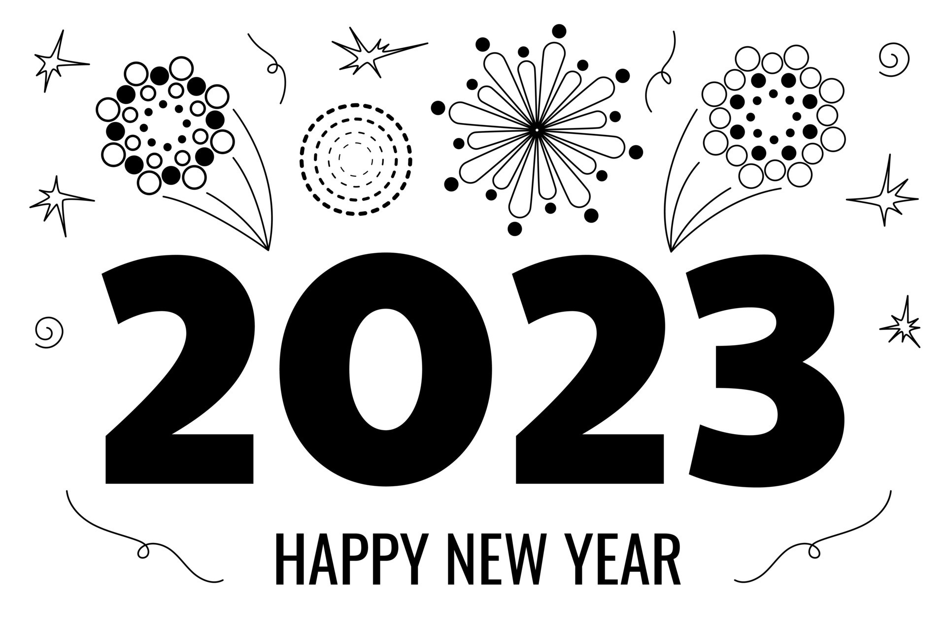 Happy New Year 2023 Lettering with Burst Fireworks. Monochrome Festive