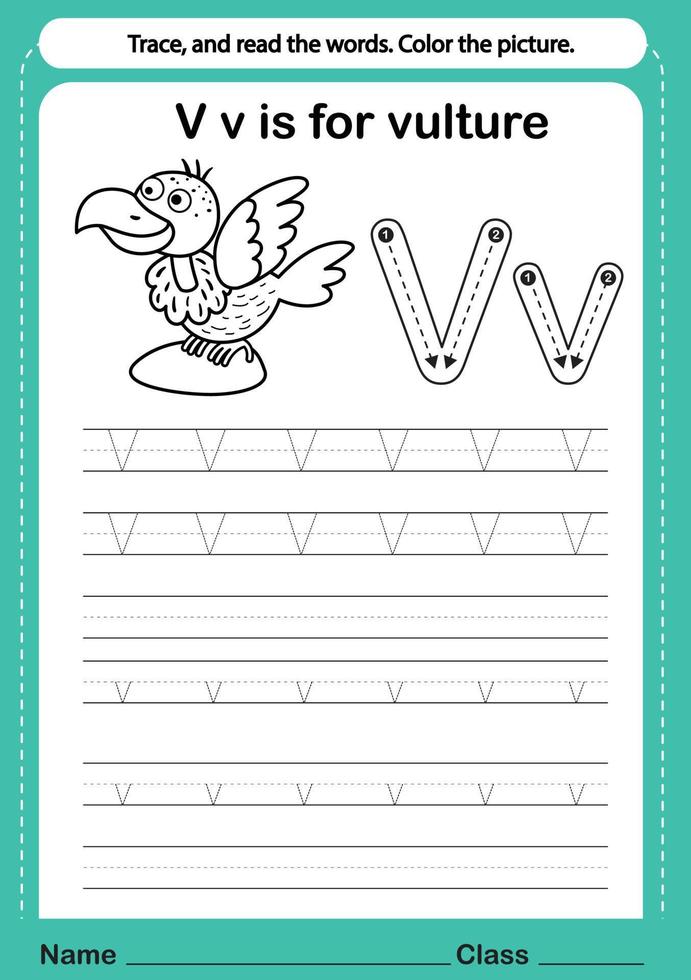 Alphabet v exercise with cartoon vocabulary for coloring book illustration, vector
