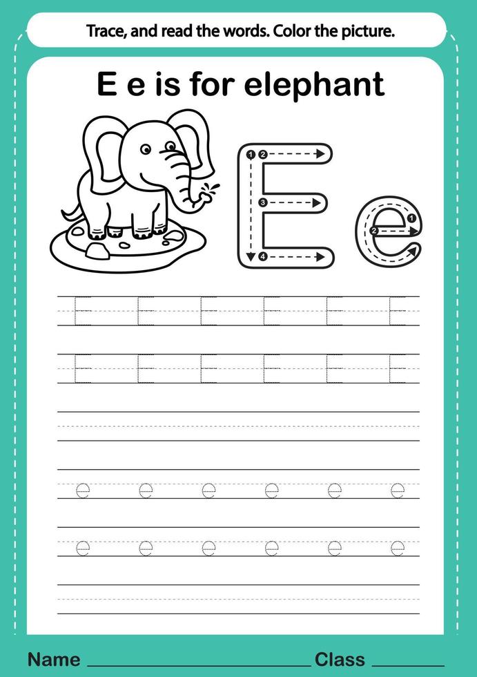 Alphabet e exercise with cartoon vocabulary for coloring book illustration, vector