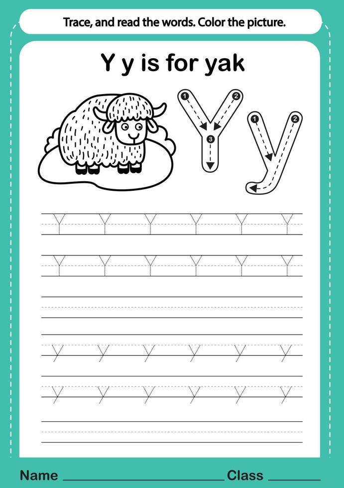 Alphabet y exercise with cartoon vocabulary for coloring book illustration, vector