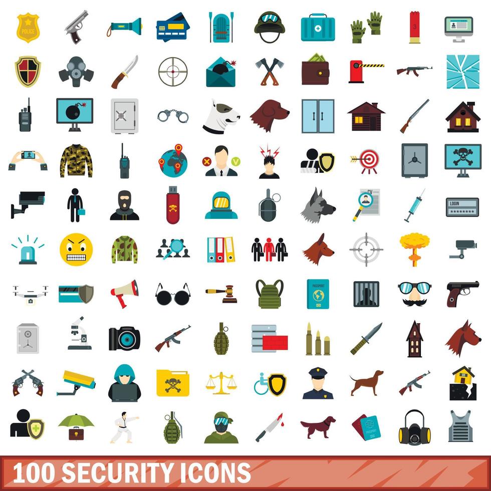 100 security icons set, flat style vector
