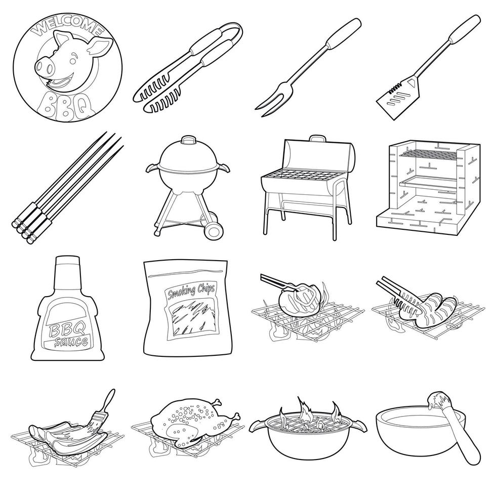 Barbecue tools icons set, outline style vector