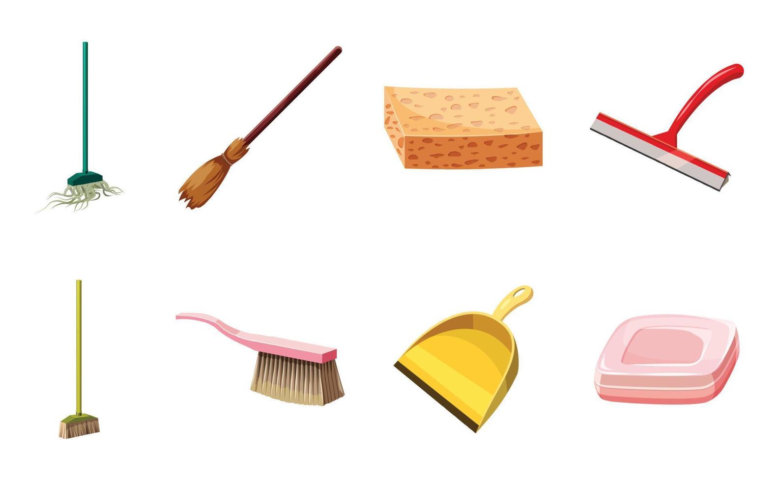 Cleaning tools icon set, cartoon style vector