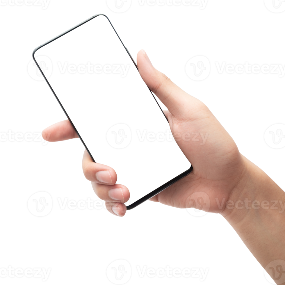 Hand holding smartphone with screen mockup png