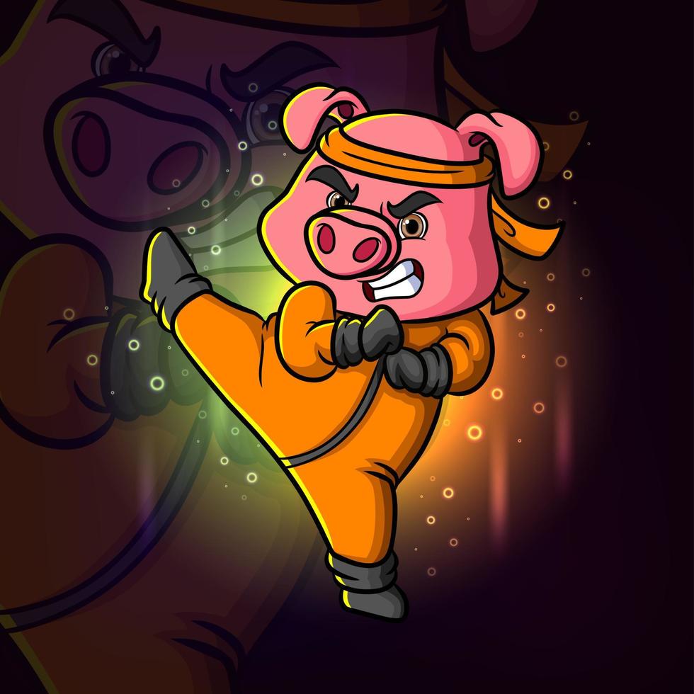 el fuerte cerdo kung fu está pateando el diseño del logotipo de la mascota de esport vector