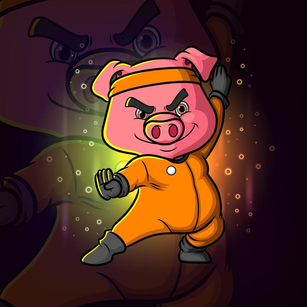 The cute professional kung fu pig esport mascot logo design vector