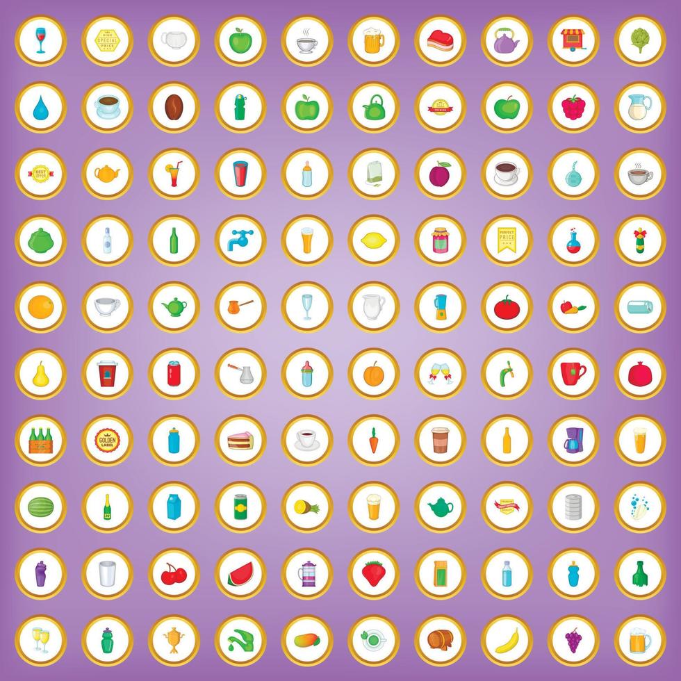 100 beverage icons set in cartoon style vector