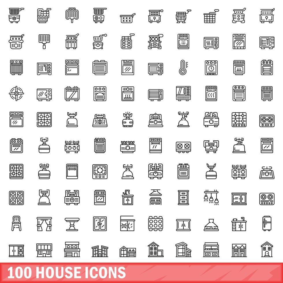 100 house icons set, outline style vector