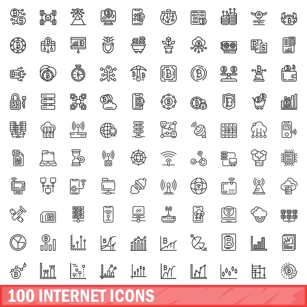 100 internet icons set, outline style vector