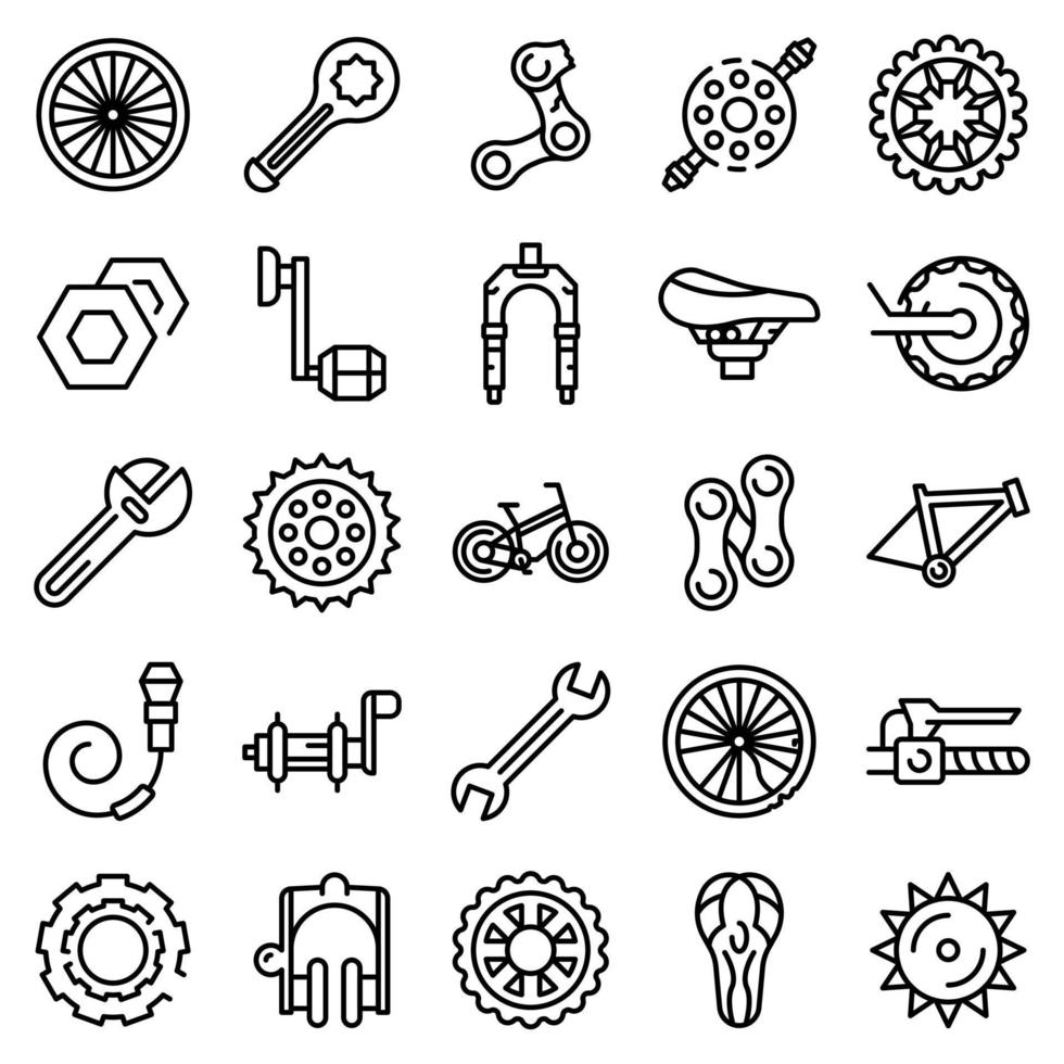 conjunto de iconos de reparación de bicicletas, estilo de esquema vector