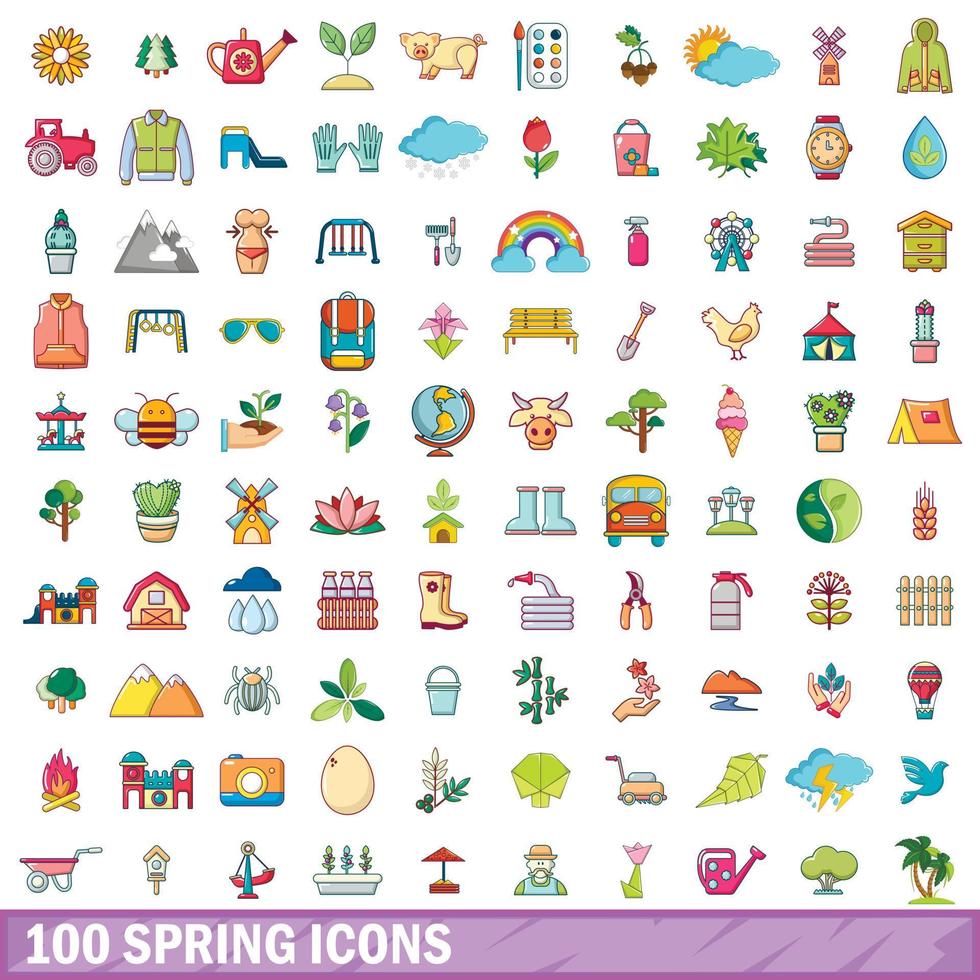 100 iconos de primavera, estilo de dibujos animados vector