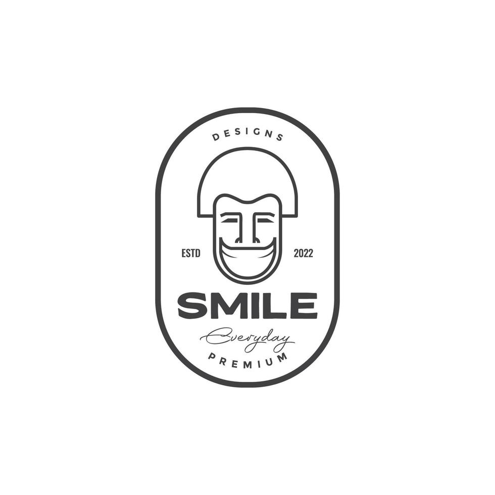 head man with big smile badge logo design vector graphic symbol icon illustration creative idea