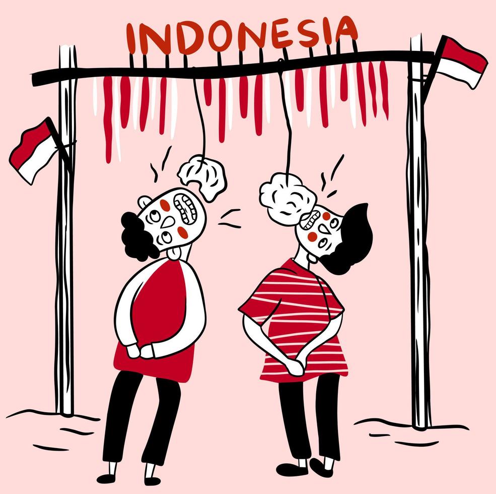 two boys are participating in eating crackers contest of indonesia independence day celebration vector