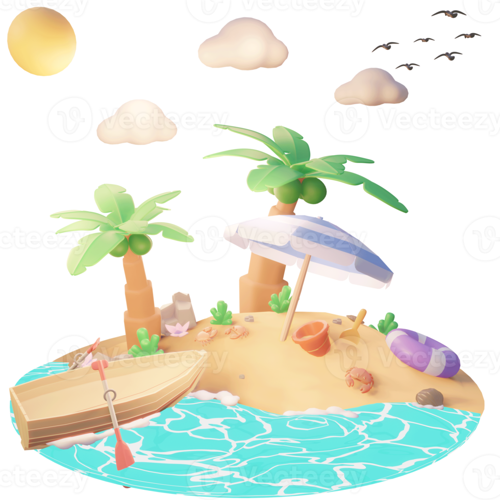 sommerillustration am strand mit baumpalme und strandwerkzeugen 3d-illustration png