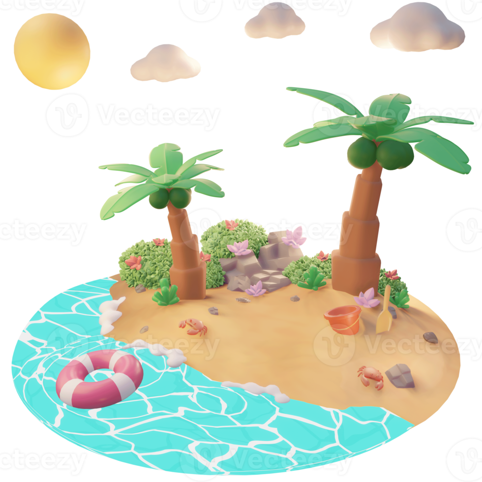 zomerillustratie op het strand met boompalm en strandhulpmiddelen 3d illustratie png